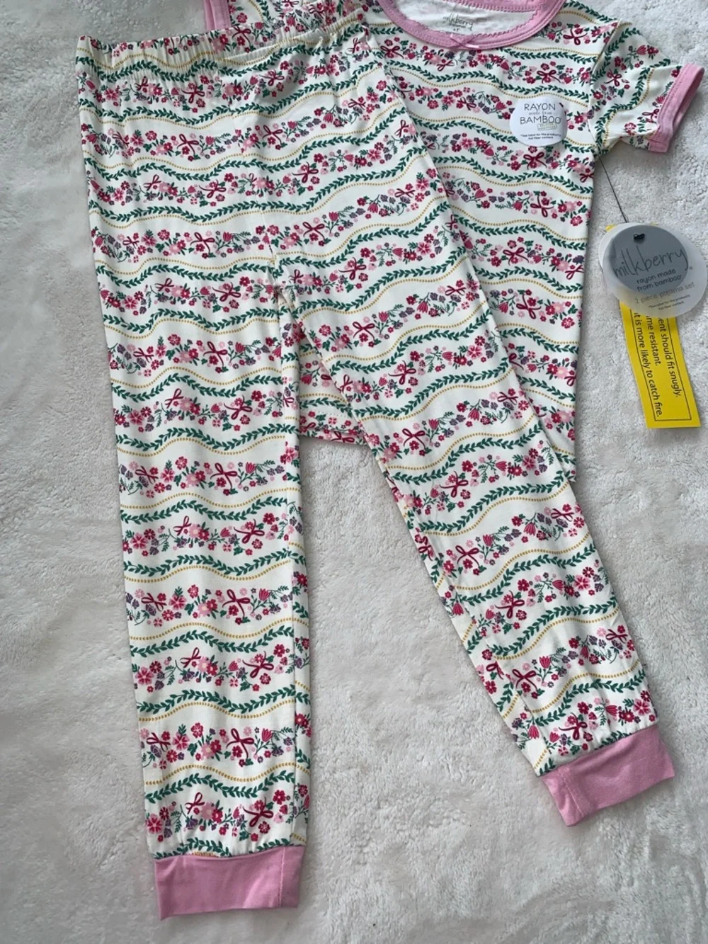 NWT Milkberry Pink & Green Floral Pajama Set 4T Bamboo Loungewear